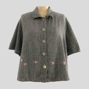 Vintage 90s Black White Floral Embroidered Cropped Short Sleeve Top, Womens M/L